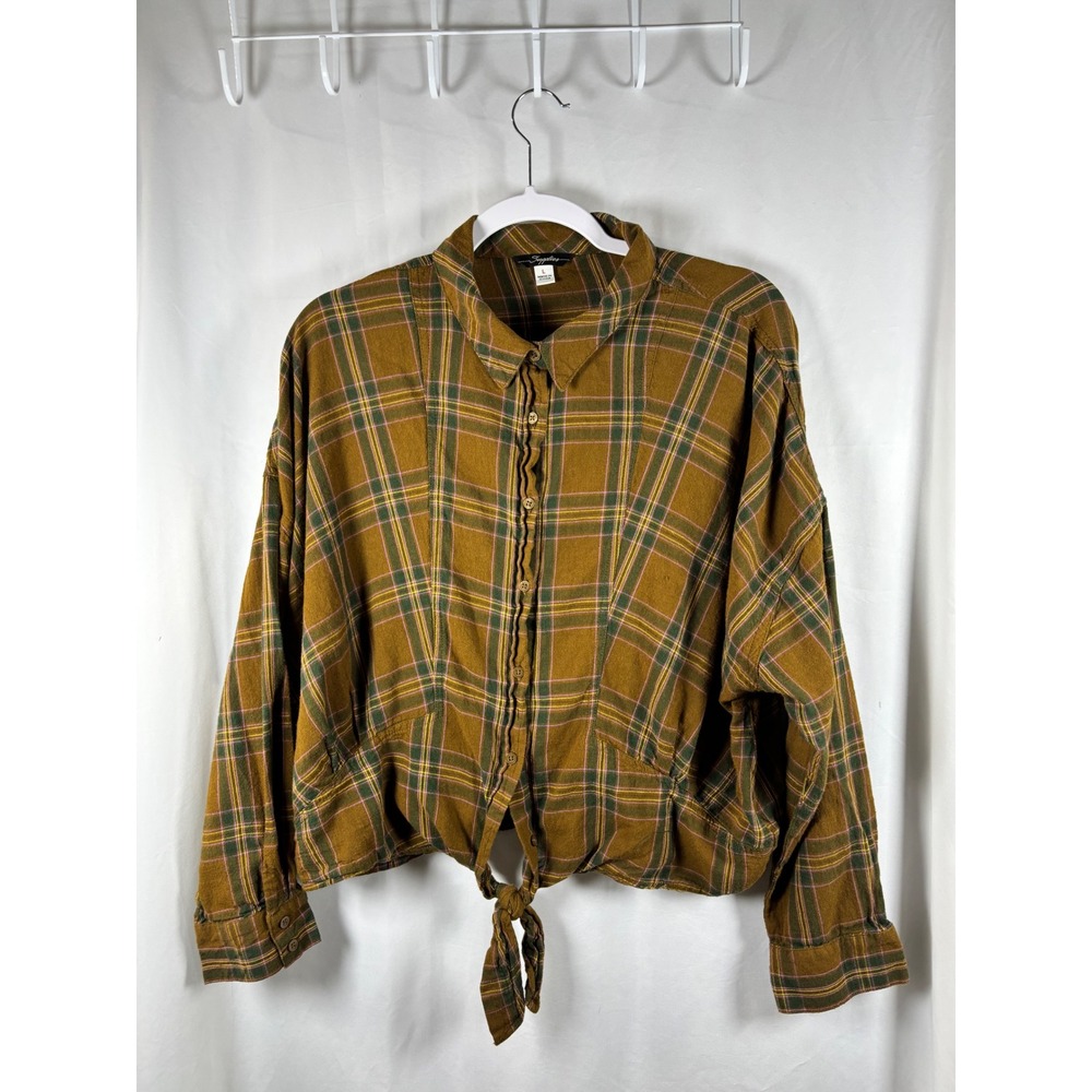 Supplies by Union Bay‎ Plaid Tie Front Cropped Shirt Mustard Brown Green Large